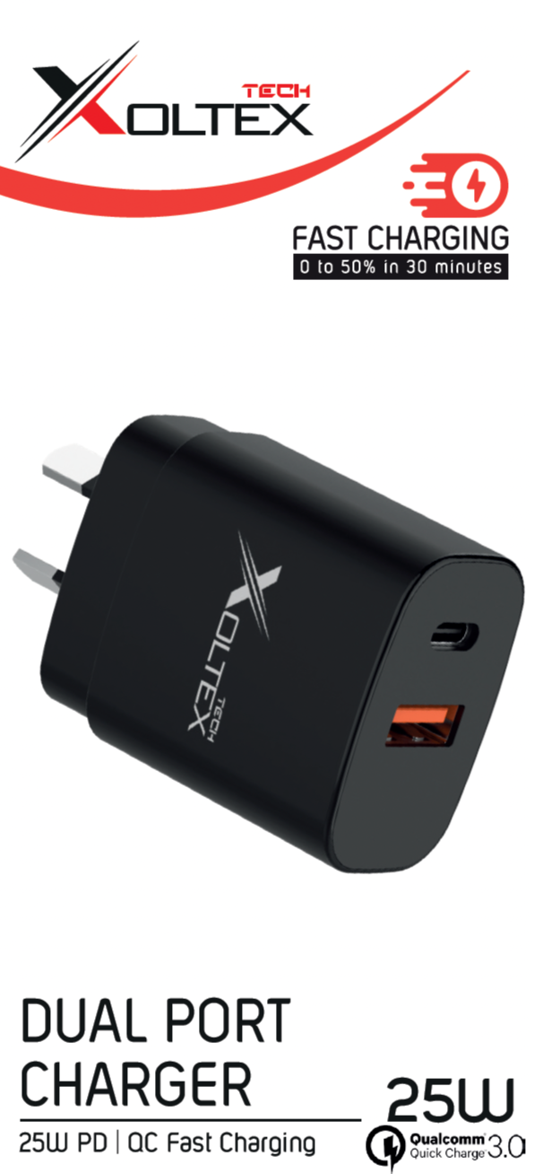 XOLTEX Dual Port Wall Charger (PD + QC) Fast Charging 25W RRP $24.99-$29.99